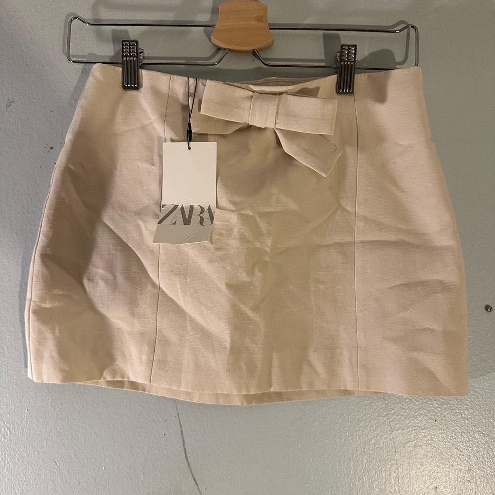 Zara Cream Pencil Mini Skirt with Tie Front